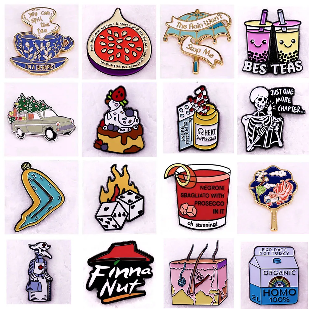 Fun Life Enamel Pin Food Beverage Artistic Slogans Metal Badges Retro Creative Brooch Reading Skull Lapel Pin Accessory Gifts