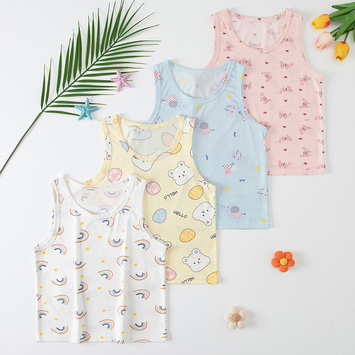 4-Piece Set of Girls' Four Season Cute Printed Vest, Children's Versatile and Comfortable Round Neck Base Shirt, Home T-Shirt