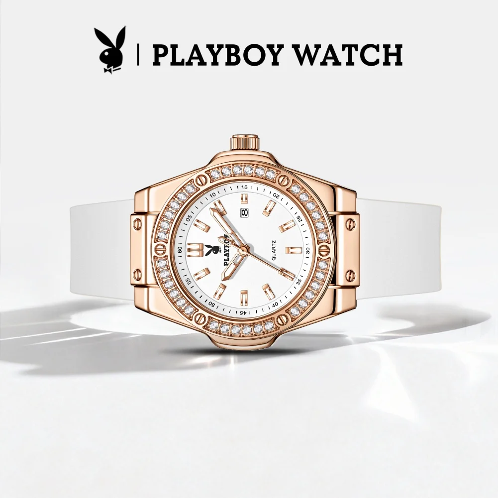 PLAYBOY Quartz Wristwatch Original Silicone Strap Trendy Luminous Waterproof Date Elegant Luxury Diamond Bezel Ladies Watch 3147