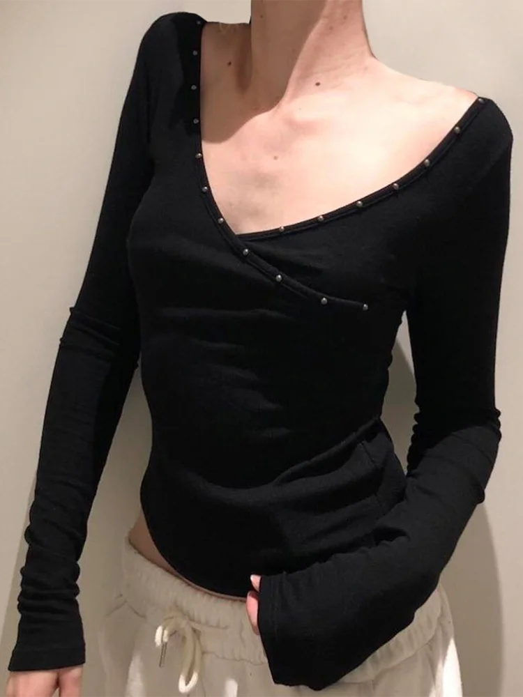 Women Black Long Sleeve Top Y2K Off Shoulder Deep V Neck Wrap Slim Fit Studded Casual Streetwear Fashion T Shirt for Autumn