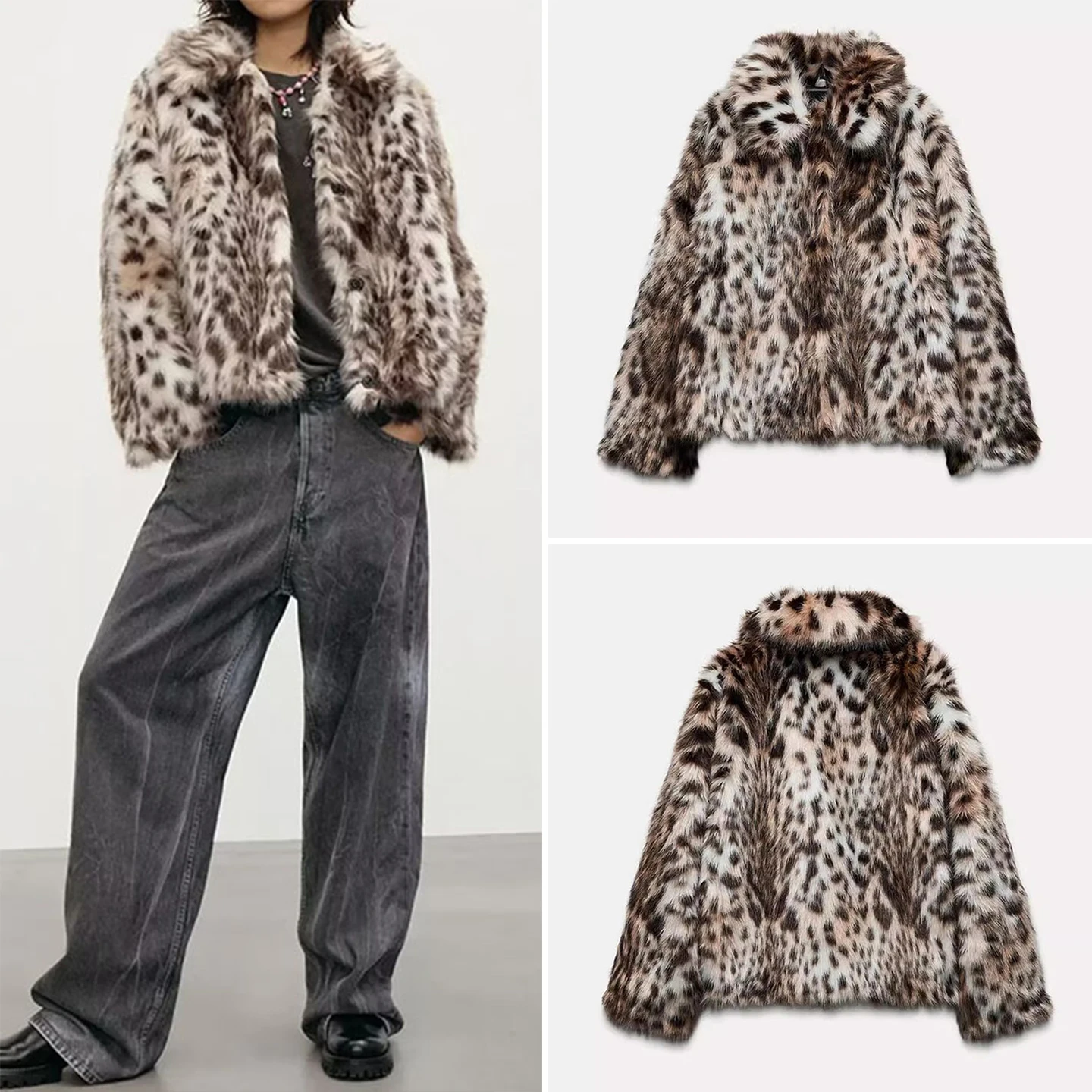 

Faionable Artificial Fur Effect Jaet Coat Women's Autumn 2025 Z Long Sve Button up Leopard Print Ladies Outerwear