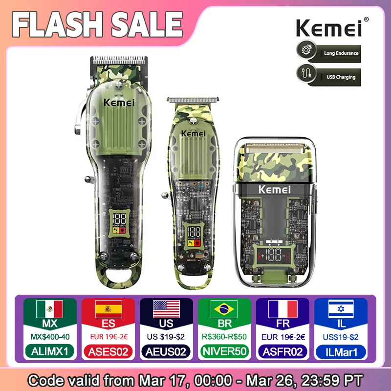 Kemei Transparent Body Electric Hair Clippers Kit KM-1926 KM-1928 Rechargeable Trimmer KM-TX7 Waterproof Men's Shaver Barber