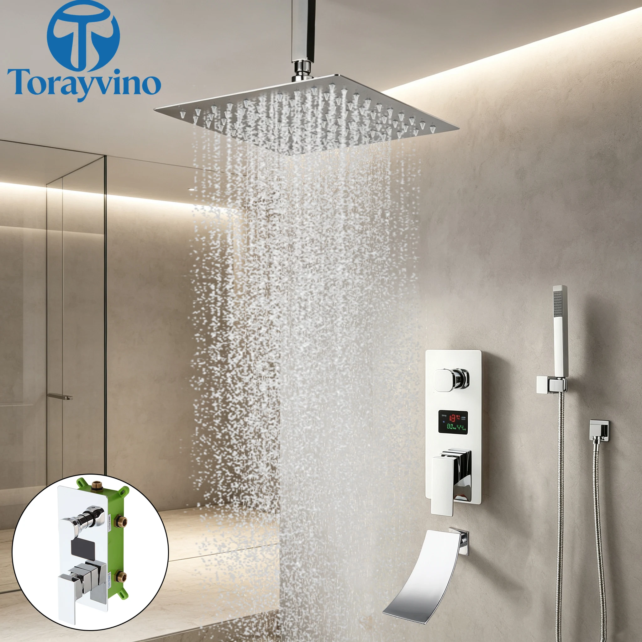Torayvino Bathroom Chrome Luxury Shower Faucet System Set Outdoor 3-Functions Rainfall Shower Bath kit Bathtub Spout Mixer Taps