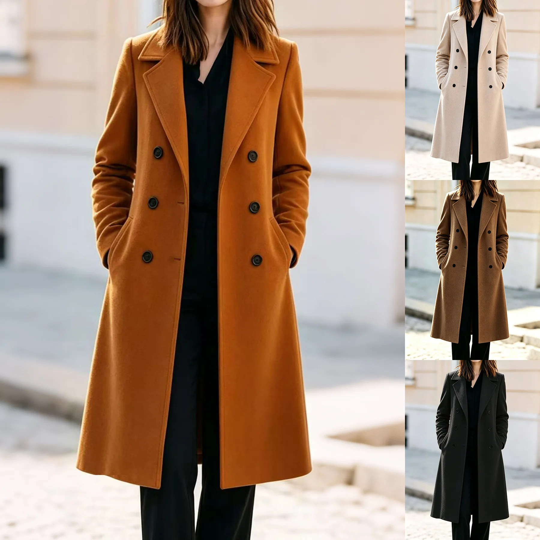 Women Wool Blends Trench Coat Double Breasted Long Overcoat Lapel Work Casual Thick Warm Jacket Pockets Classic Autumn Winter