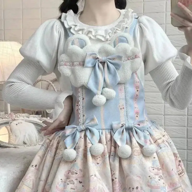 

BabYoung Haruku Sweet Ruffles Lolita Sweaters Autumn New Knitted Bottoming Tops Women Y2k Grunge Slim Fit Pullover Mujer