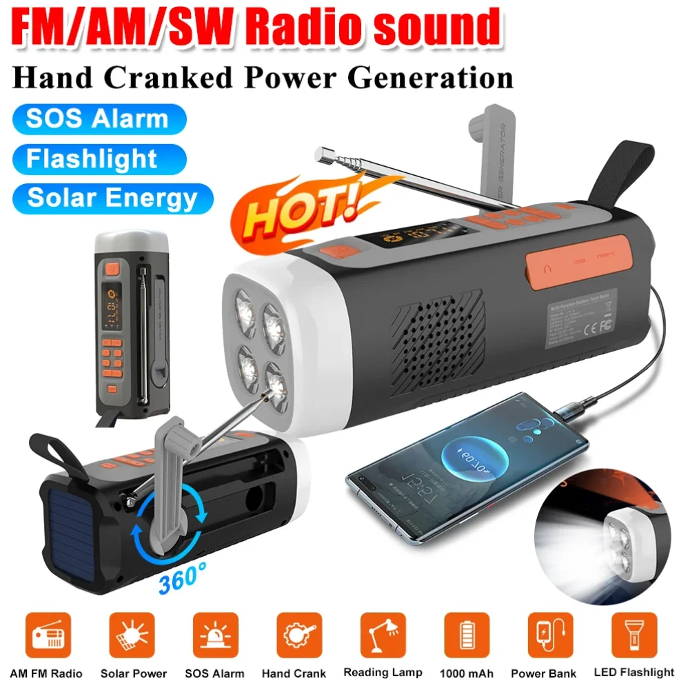 4500mAh Multifunctional Emergency Radio 3 Ways Powered USB C/Solar/Hand Crank Charging Wind Up Radio for Emergency Camping Storm