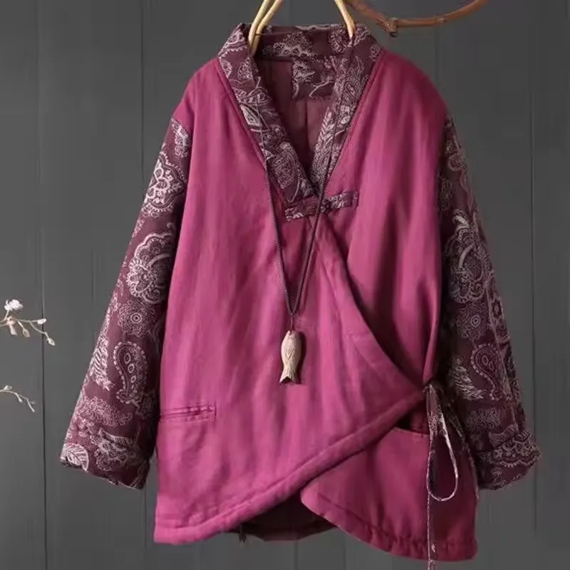 Retro Cotton Linen Thick Warm Cotton Coat Women's Autumn Winter 2025 New V-neck Chinese Ethnic Style Quilted Jacket Outwear