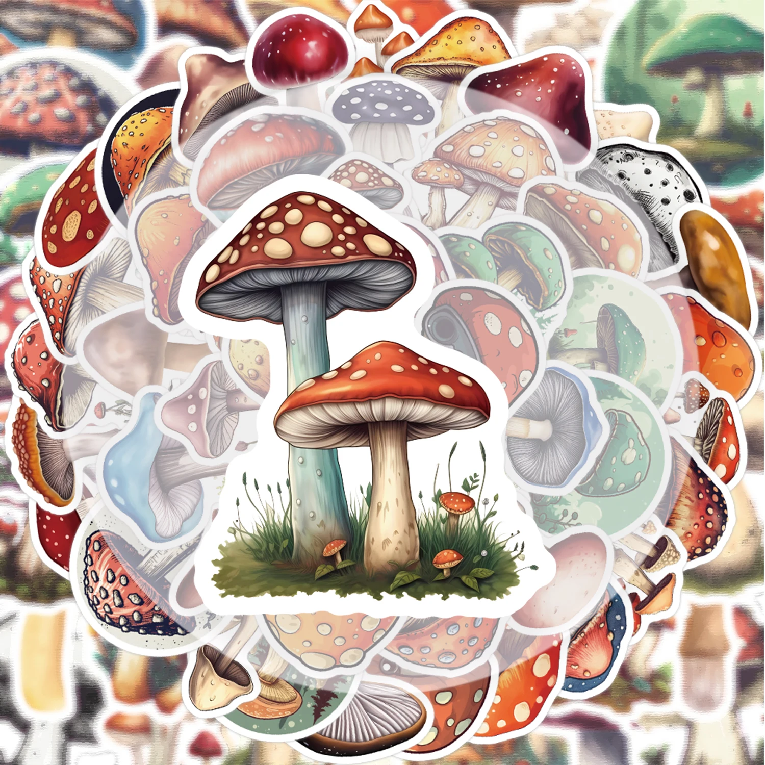 50 Mushroom Stickers, Vibrant Stickers Suitable for Water Bottles, Laptops, Cell Phones, Suitcases, Skateboards, Guitars, Party Decorations