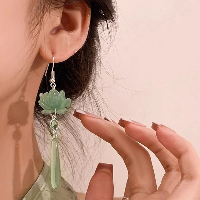 أقراط شرابة بقلادة اللوتس الصينية الأنيقة للنساء؛ هدية مجوهرات قطرة طويلة بتصميم ريترو للإناث #4