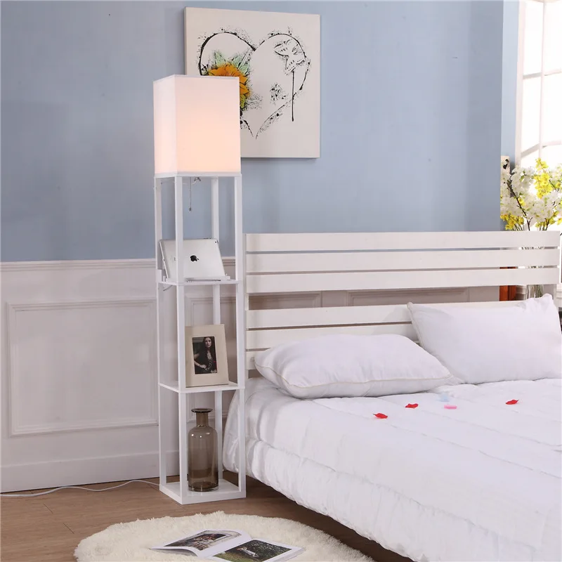 New Chinese Floor Lamp Living Room Room Tea Room USB Charging Socket LED Simple Bedroom Decorative Storage Light Wooden Frame