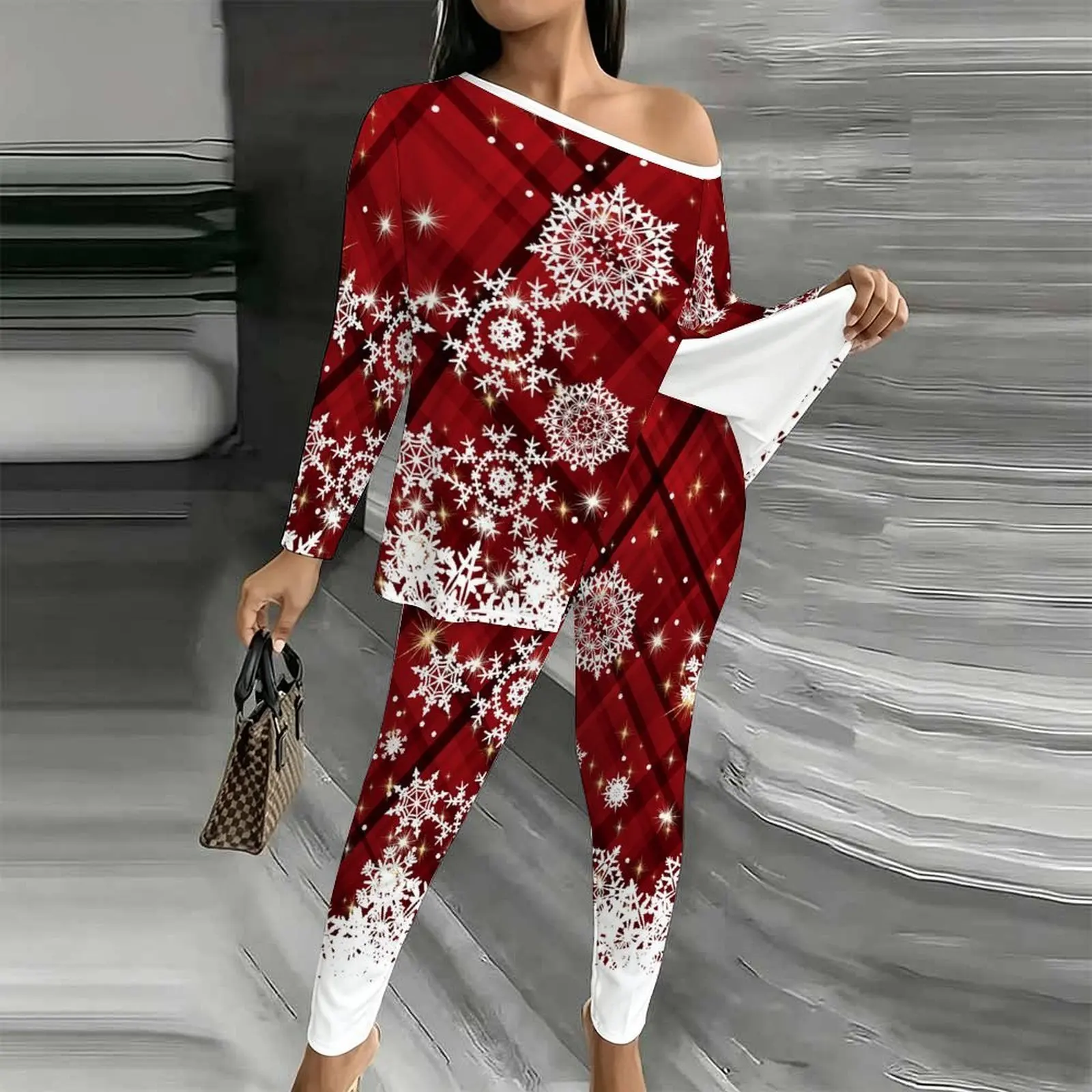 Off Shoulder T-shirt Christmas Jogging Pants Autumn Printed Two-piece Set Winter Women's Diagonal Collar Long Sleeved