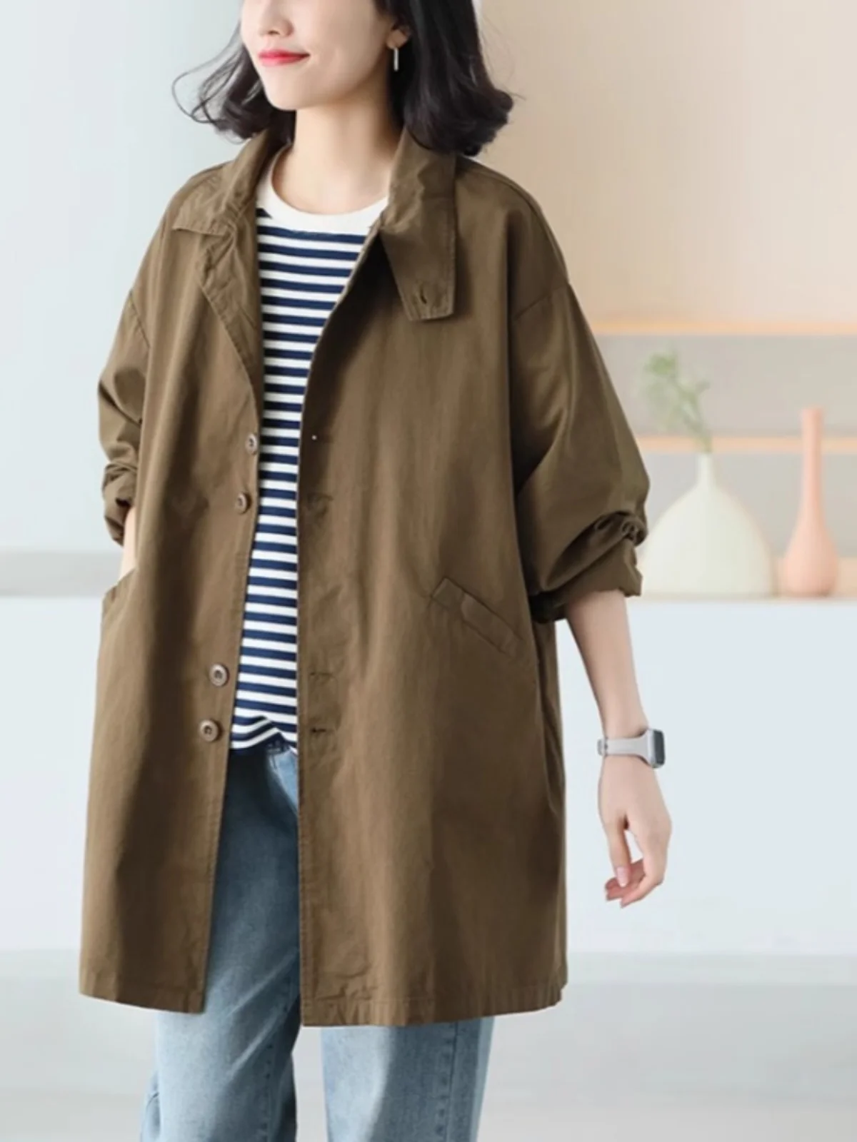 

Casual Korean Sle Workwear Windbreaker Jaet Women's Spring Autumn Loose Slimming Long Sve Cotton Blend Outerwear