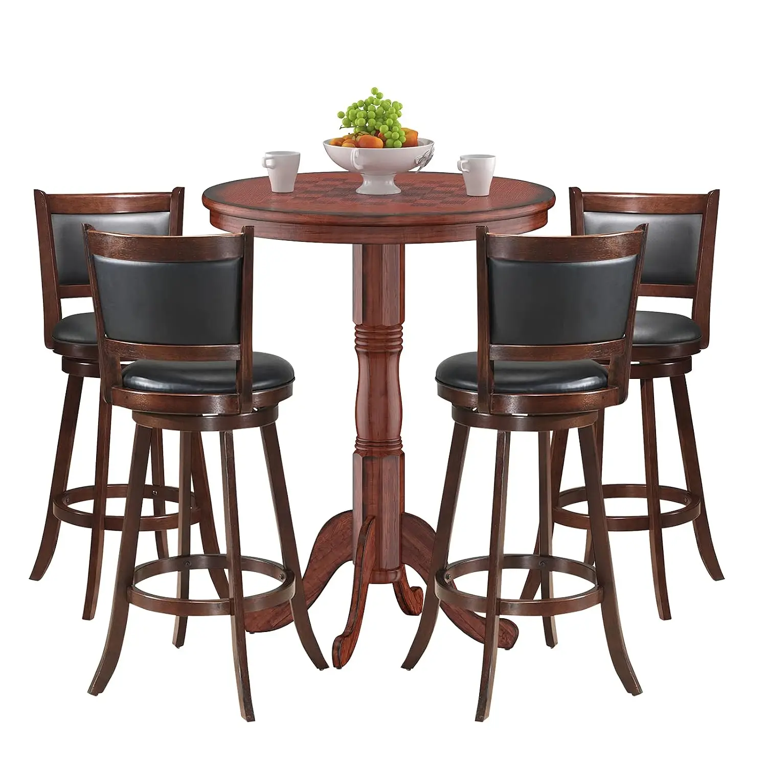 5 Pcs Dining Table Set, Wooden Pub Pedestal Side Table with Stable Base, 360 Degrees Swivel Bar Stool, Round Bar, Customized