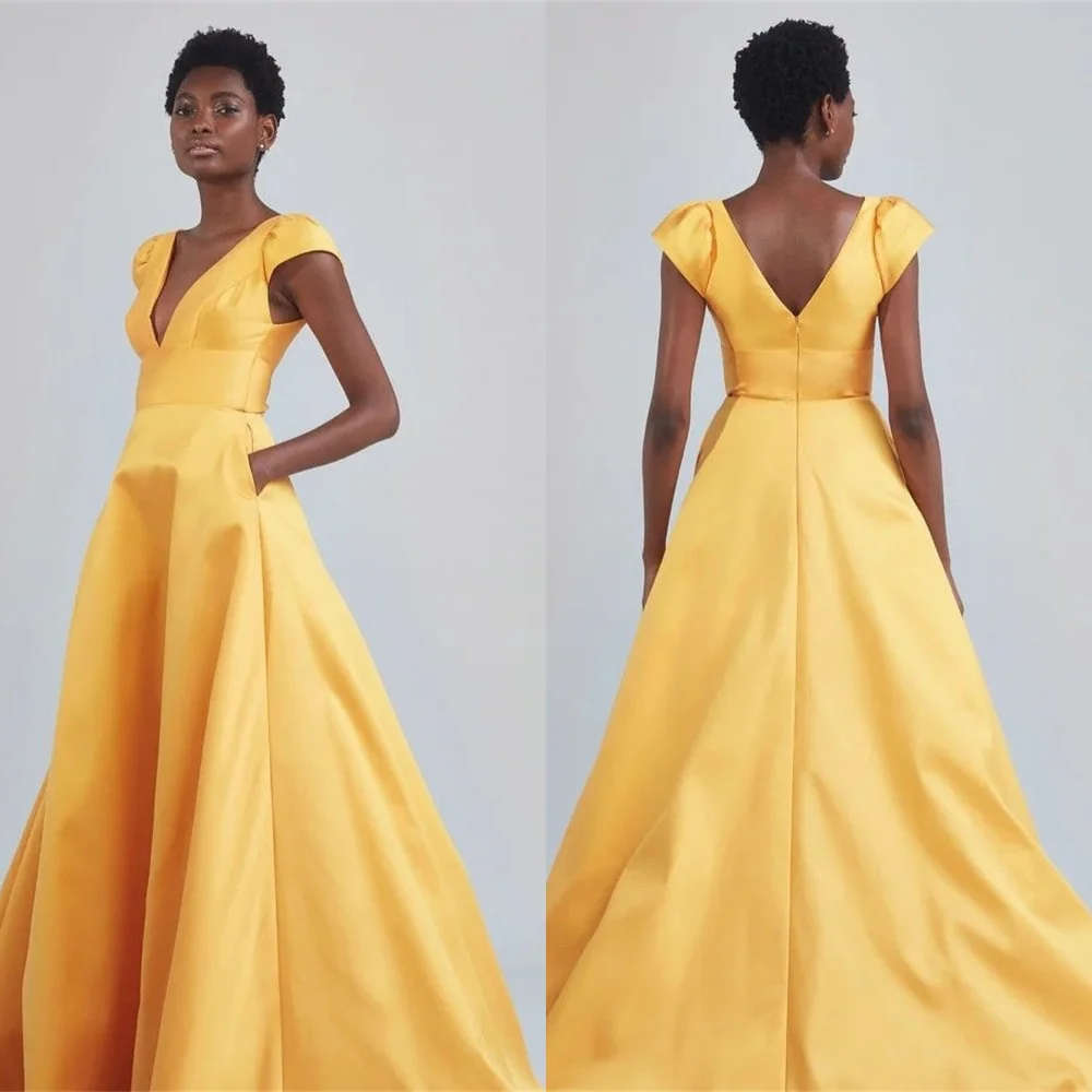 

Customized Modern Yellow Satin Evening Dresses Exquisite V-Neck Short Sleeves Homecoming Dresses Charming Vestido De Festa
