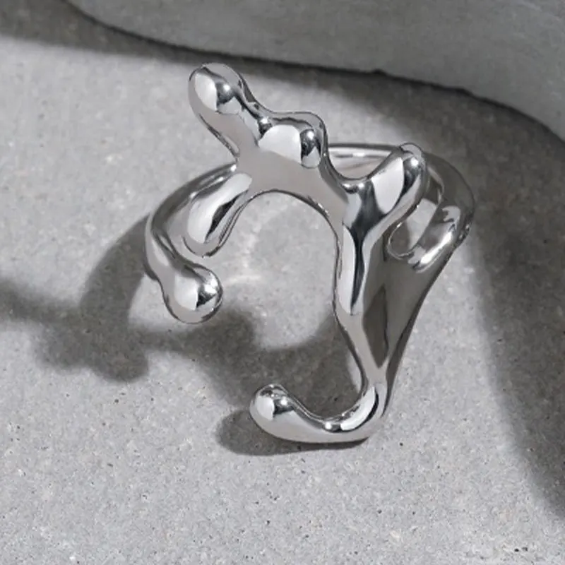 PANJBJ 925 Sterling Silve Liquid Lava Irregular Korean Ring for Women Simple Vintage Design Jewelry Dropshipping