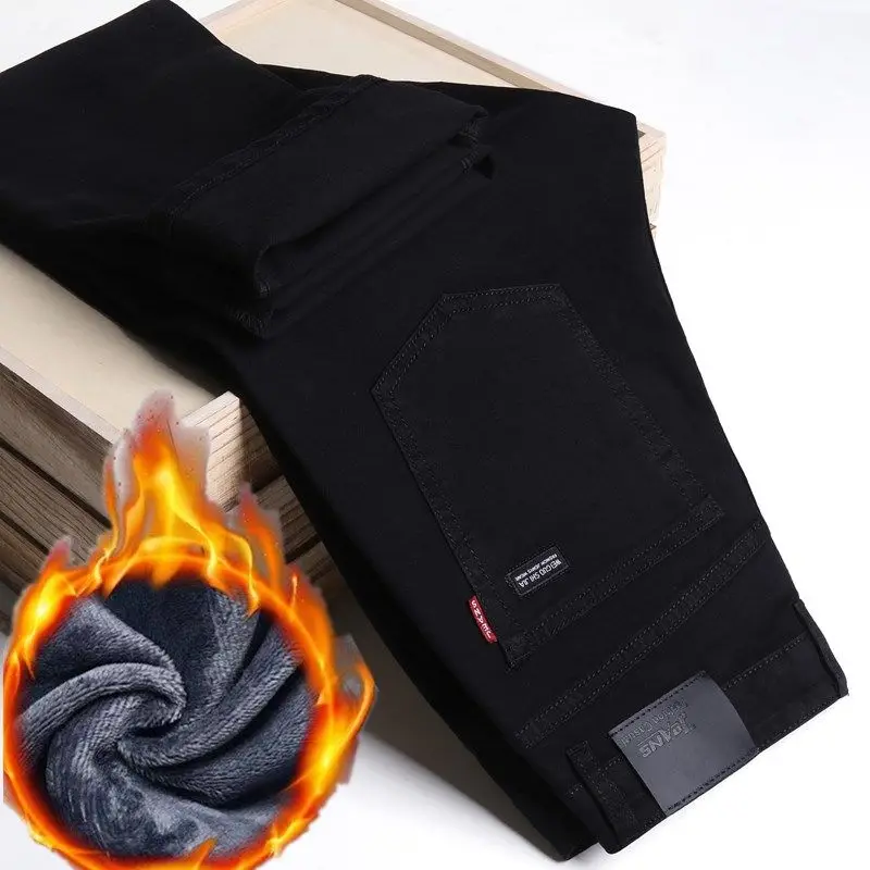 Autumn Winter Men Black Formal Fleece Lined Denim Pants Thick Slight Stretch Straight Leg Business Jeans No Shedding LongTrouser