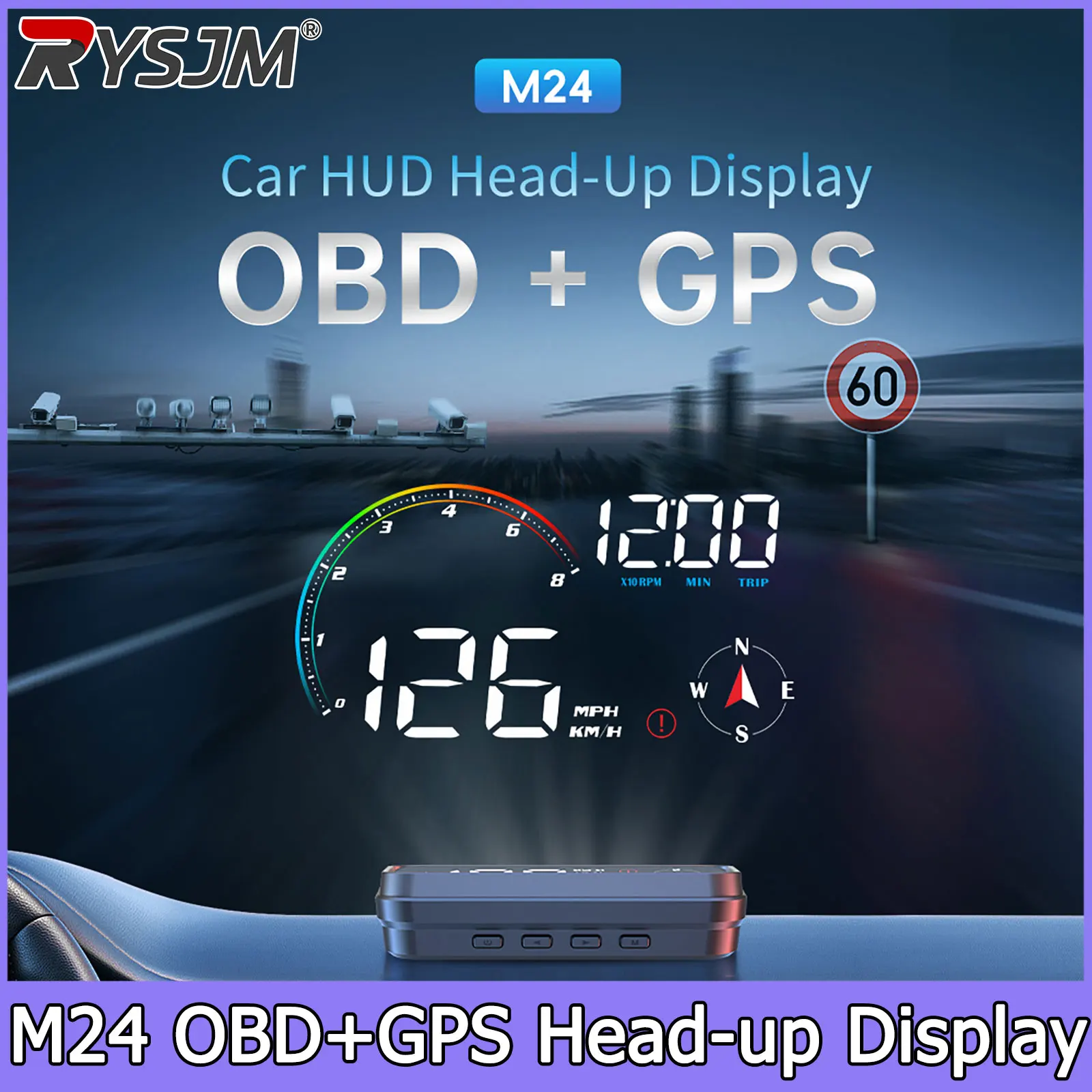 M24 HUD Gauge Smart Speedometer  OBD+GPS Car Electronics Head Up Display Turbo RPM Alarm  Water Temp Car Overspeed