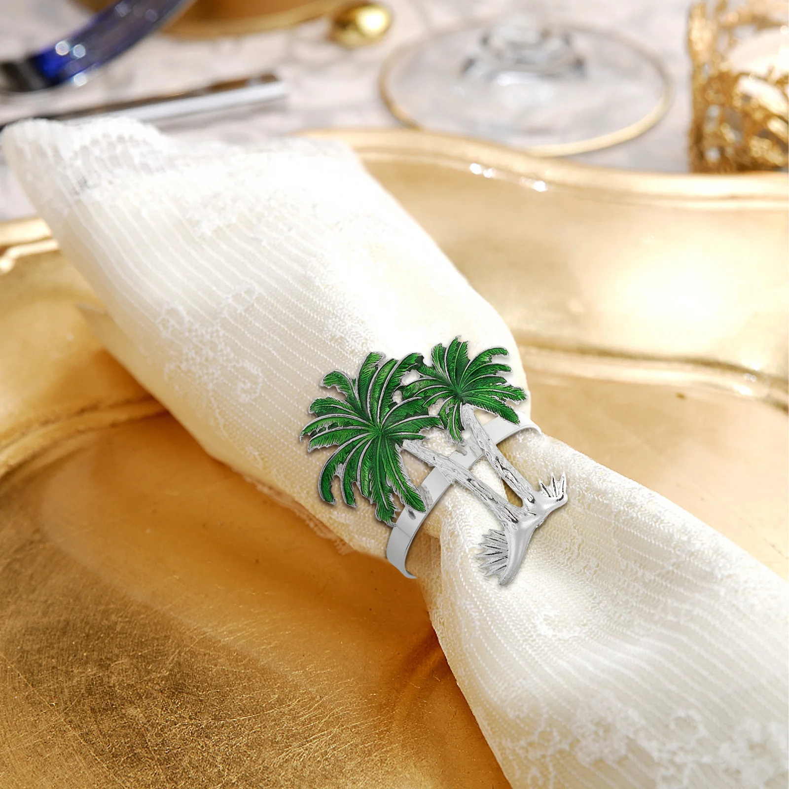 

4Pcs Banquet Napkin Rings Coconut Tree Shape Alloy Decorative Hawaiian Party Napkin Buckles Home Table Decoration