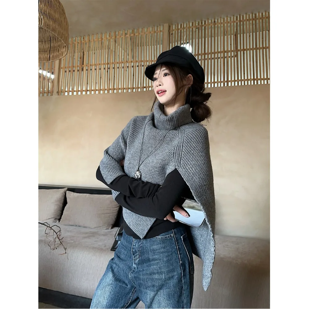 Autumn Winter High Ne Irregular Knitted Sweater Coat Women's Versatile Pamina Scarf Ne Warmer Pure Color Elastic Fiber