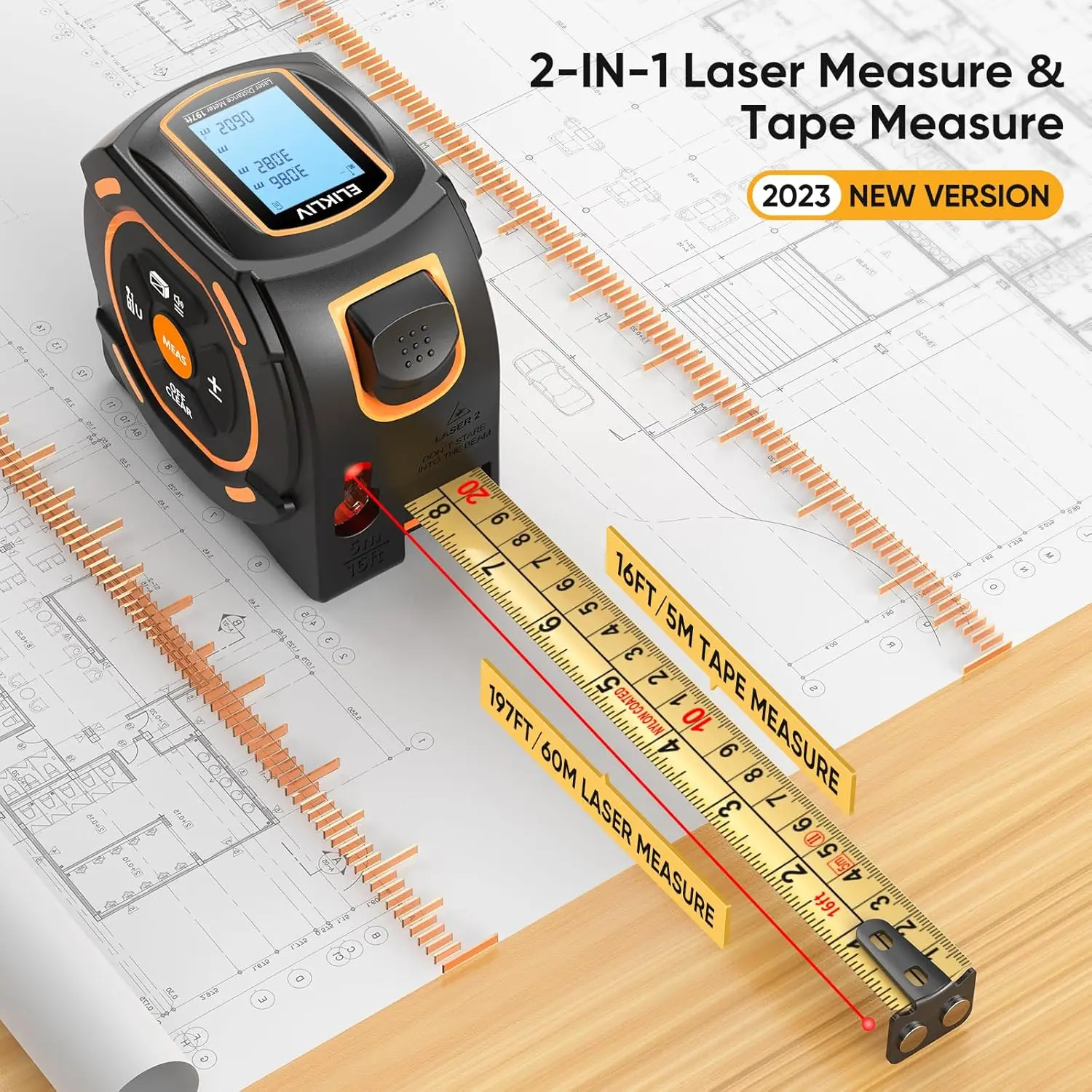 Laser Tape Measure 197Ft Laser Measurement & 16Ft Manual Measuring Digital Tape Measure Support to Pythagorean Mode