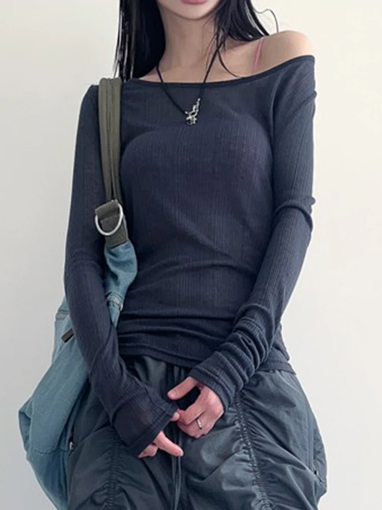 Rockmore Backless Tie Up T-Shirts Long Sleeves Autumn Women Harajuku Casual Slash Neck Basic Slim Pullover Tops Fashion Korean