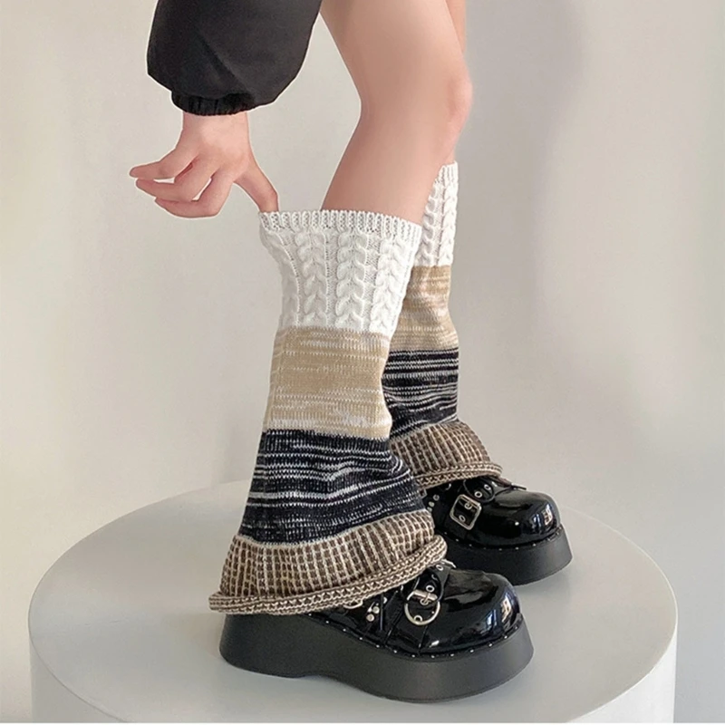 

Vintage Cable Knitted Patchwork Leg Warmers Calf Socks Harajuku Striped Wide Leg Flared Boot Covers for Casual Outfits