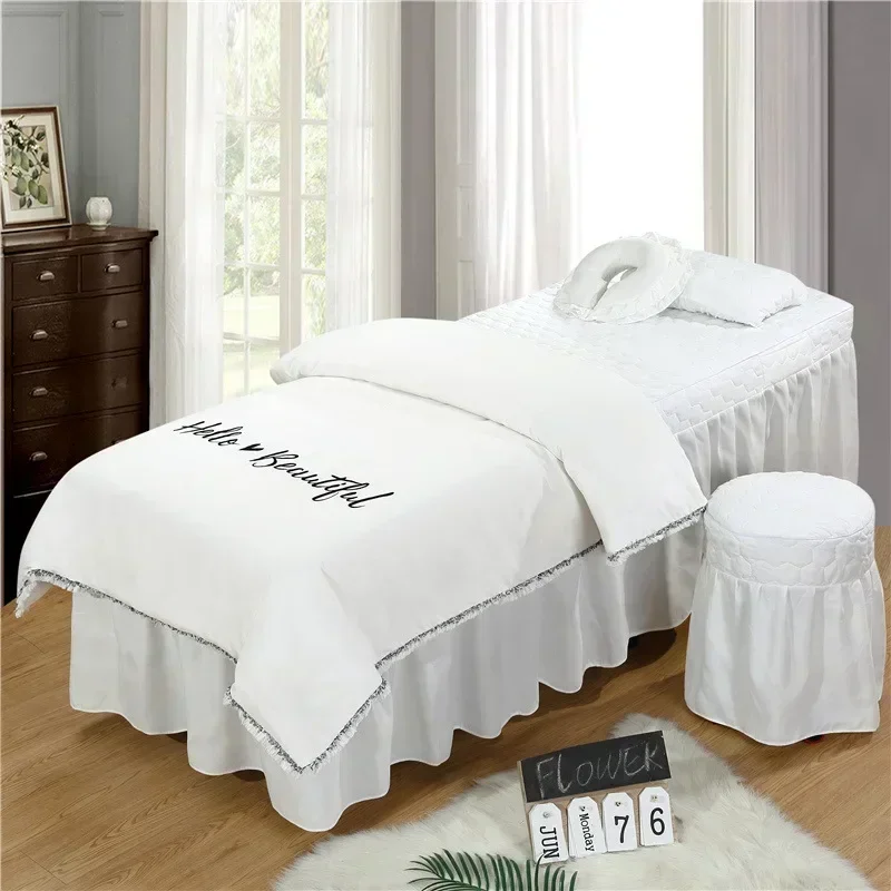 Hello Beautiful 4pcs Beauty Salon Bedding Sets Massage Spa Use Tassel Embroidery Duvet Cover Bedskirt Colchas Bedding Sets