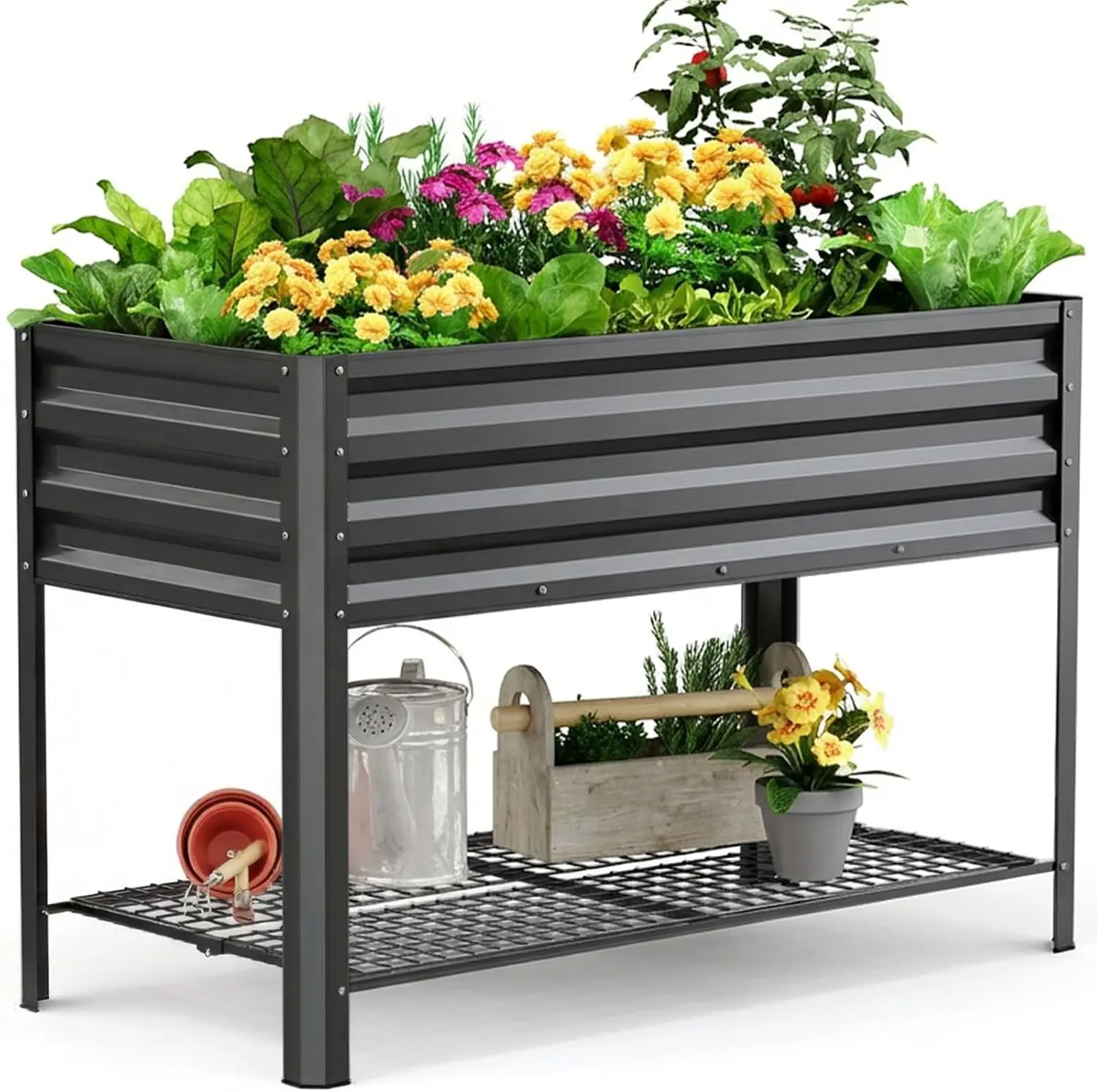 

Большая приподнятая грядка с ножками и полкой для хранения, высокая грядка-ящик для заднего двора, патио, балкона, грузоподъемность 400 фунтов, темно-серый цвет