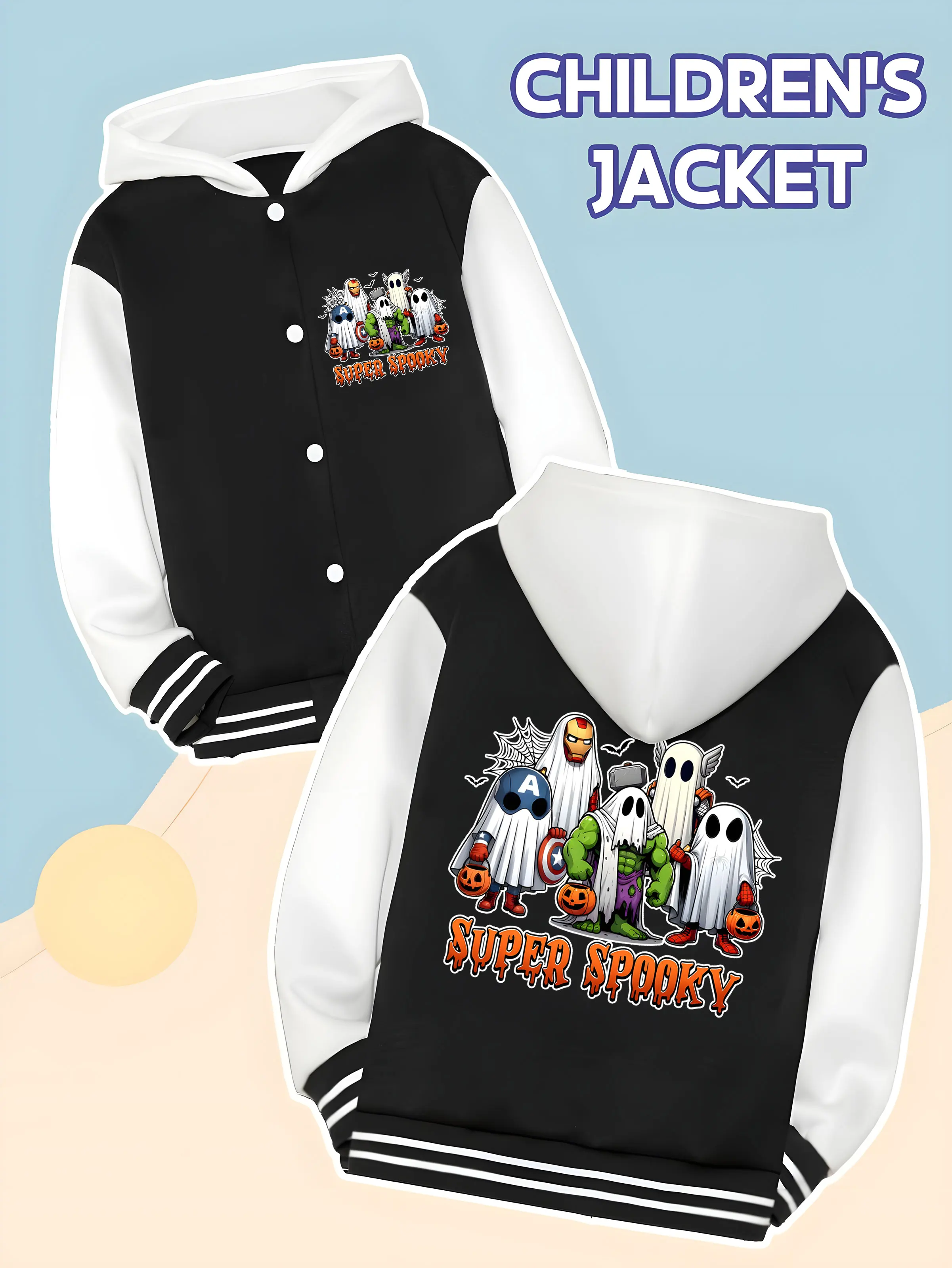 

MINISO Marvel Avengers Ghost Fun Boys Baseball Jacket - Avengers hero ghost funny print, double-sided creative, soft fabric, mee