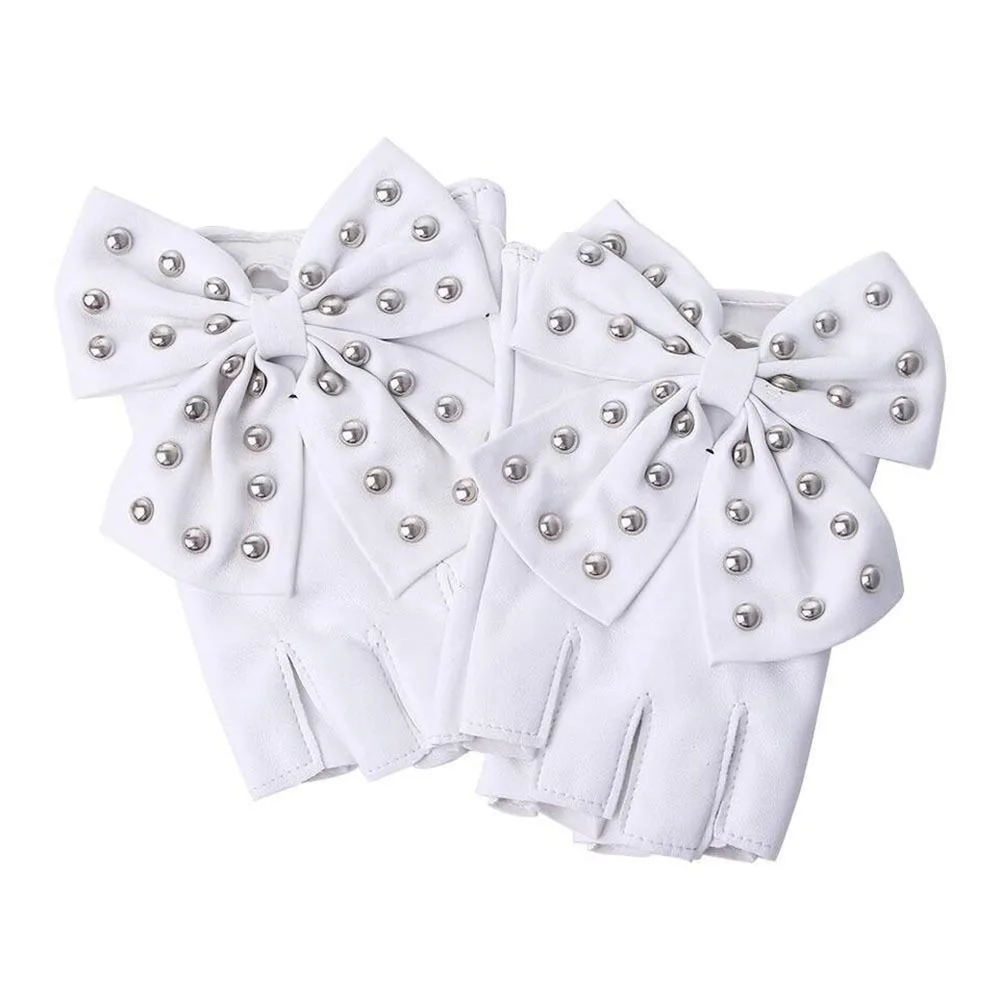 New Big Bow Dancing Gloves Street Dance PU Material Half Finger Gloves Korean Anime Imitation Leather Rivet Women Gloves