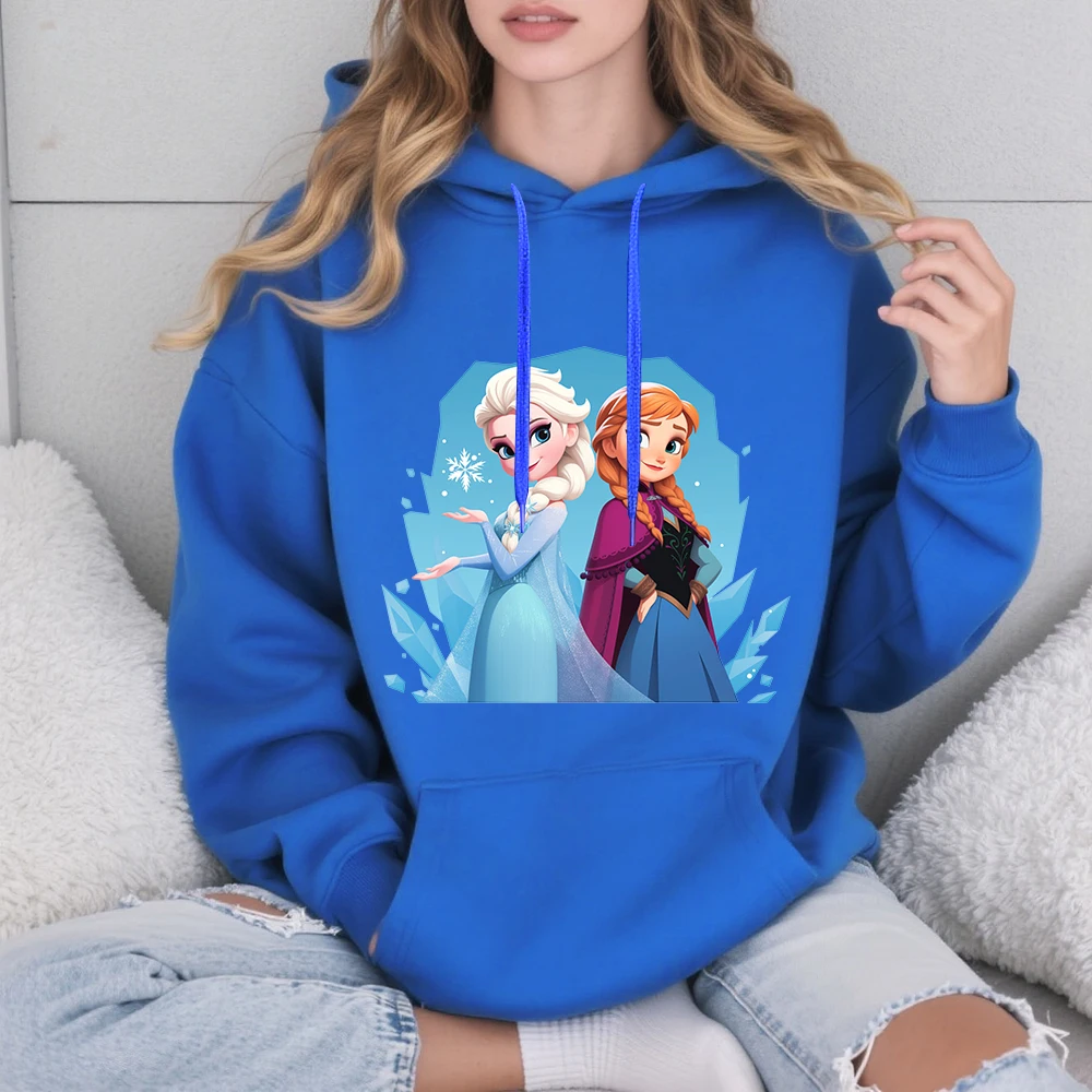 ديزني فروزن إلسا وآنا الأخوات طباعة الأزرق صوف مبطن مقنعين البلوز المرأة الخريف الشتاء الدافئة لينة مريحة البلوز #3