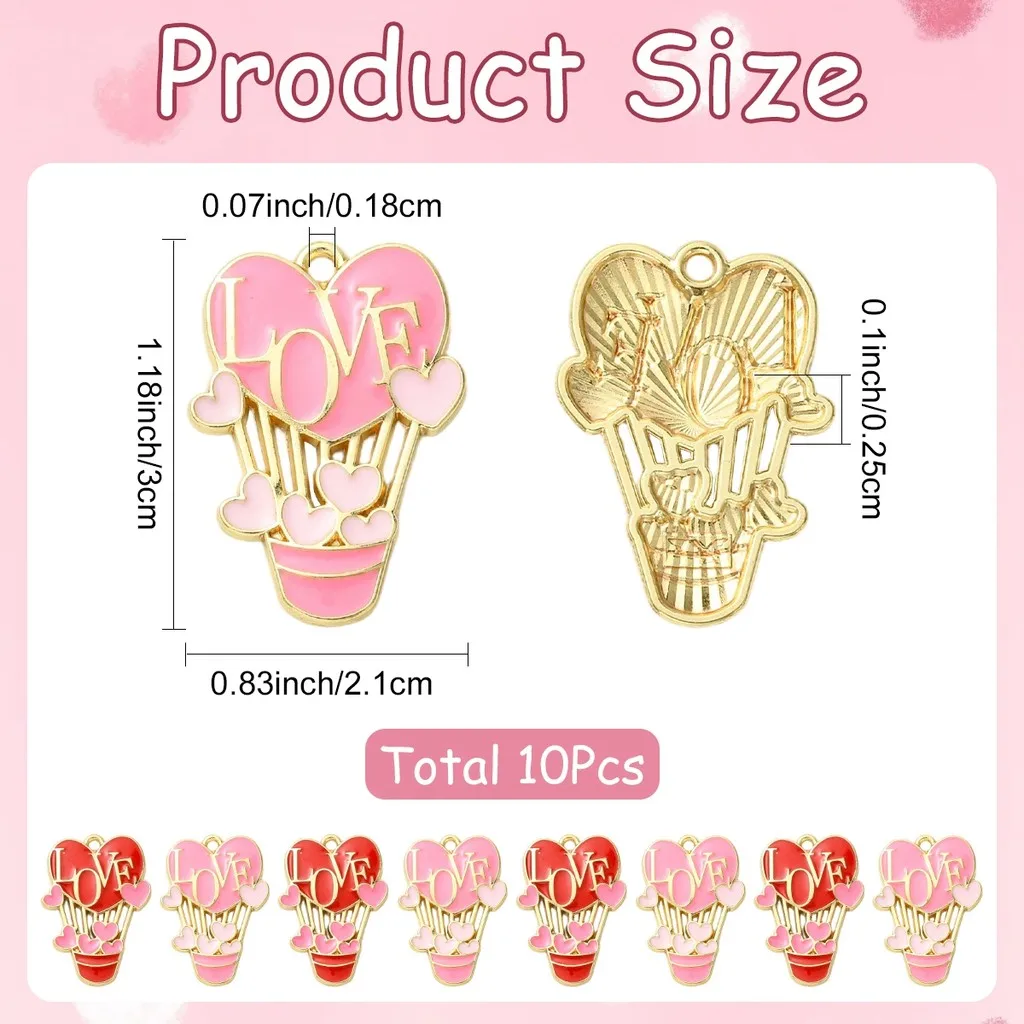 10Pcs Mixed Color Alloy Enamel Heart Hot Air Balloon Pendants With Love Lettering, DIY Accessories for Bracelets & Necklaces