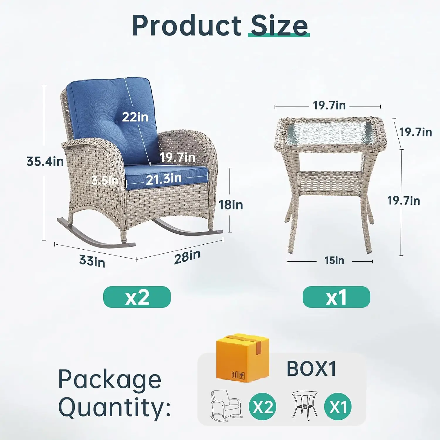 Patio Rocking Chair - Outdoor Wicker Rocker Porch Chair Set With Tempered Glass Side Table, 300 Lb Weight, Customized