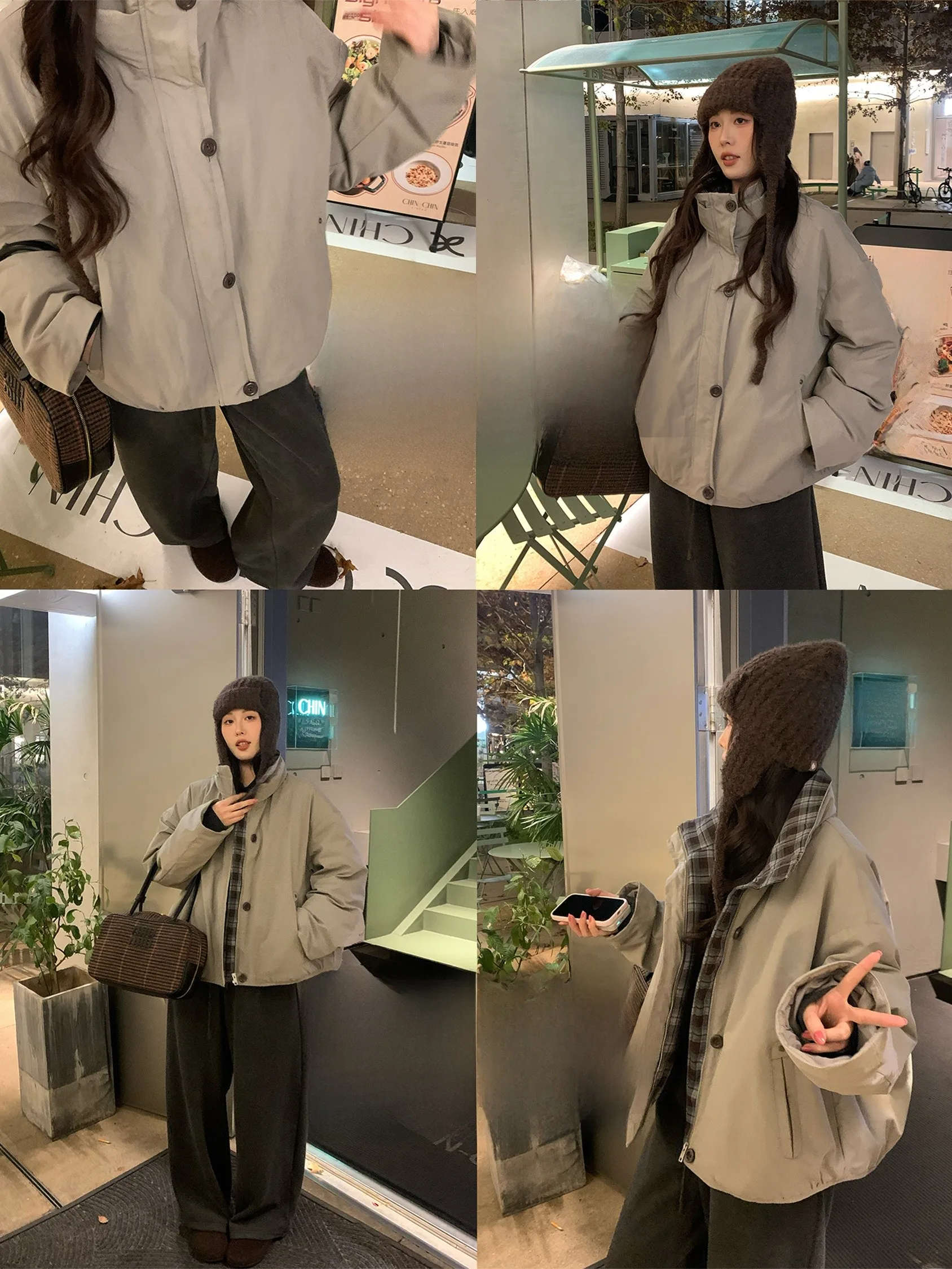 

NAZ Large Size Winter Jaet White Goose down Plaid Collar American Retro Fake Two-Piece down Coat Ladies Casual Sle Zipper