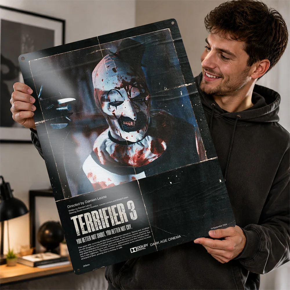 Terrifier 3 Killer Clown Printed Poster Customized Aluminum Metal Sign Bold Macabre Screen Scene Wall Art Made For Fright Fans