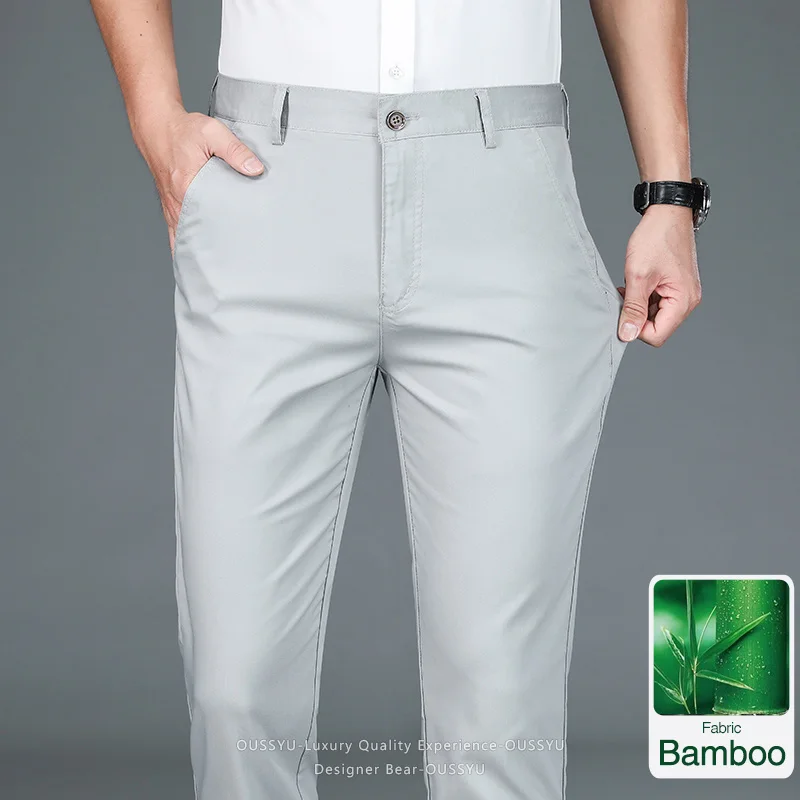 OUSSYU Brand Bamboo Fiber Men's Suit Pants Summer Thin Breathable Straight Business Office Work Suit Trousers Plus Size 29-40