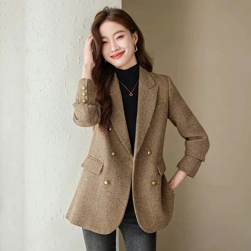2025 Spring Autumn New herringbone pattern Casual Outerwear Suit Coat Women's Double breasted Business Office Blazer Short Top