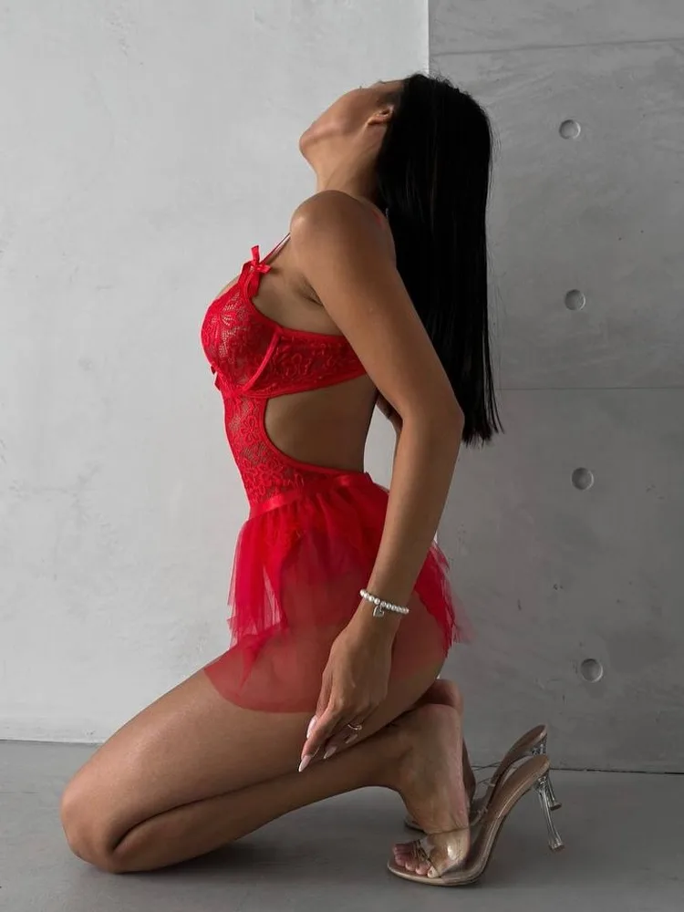 Women's Red Lace Halter Teddy Babydoll Lingerie with Sheer Ruffle Skirt Cutout Heart Detail and Matching Thong Nightwear