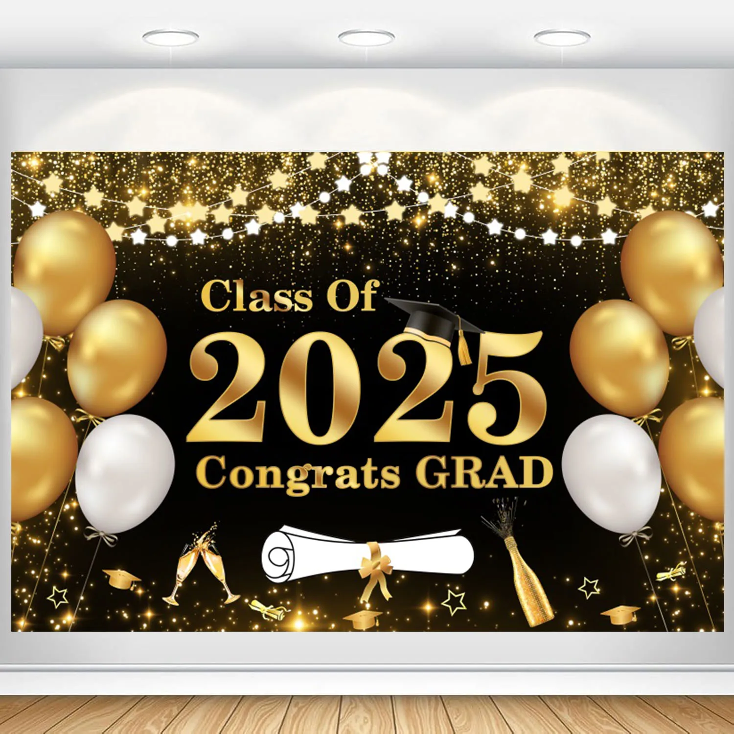 Graduation Backdrop Class of 2025 Congrats Grad Banner Black and Gold Congratulations Graduate Photo Background Prom Party Props