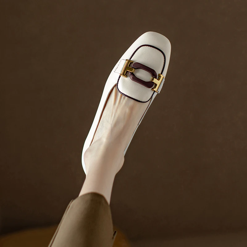 Zapatos planos de cuero genuino con punta cuadrada y tacón bajo, poco profundos, versátiles, informales, cómodos