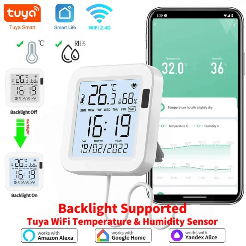 

Tuya WiFi Temperature Humidity Smart Sensor With Backlight for Smart Home Var SmartLife Work with Alexa Google Assistant