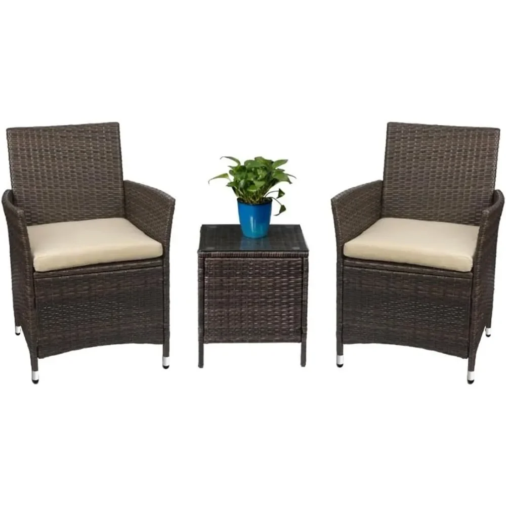 

Patio Porch Furniture Sets 3 Pieces PE Rattan Wicker Chairs with Table Outdoor Garden Furniture Sets (Brown/Beige)