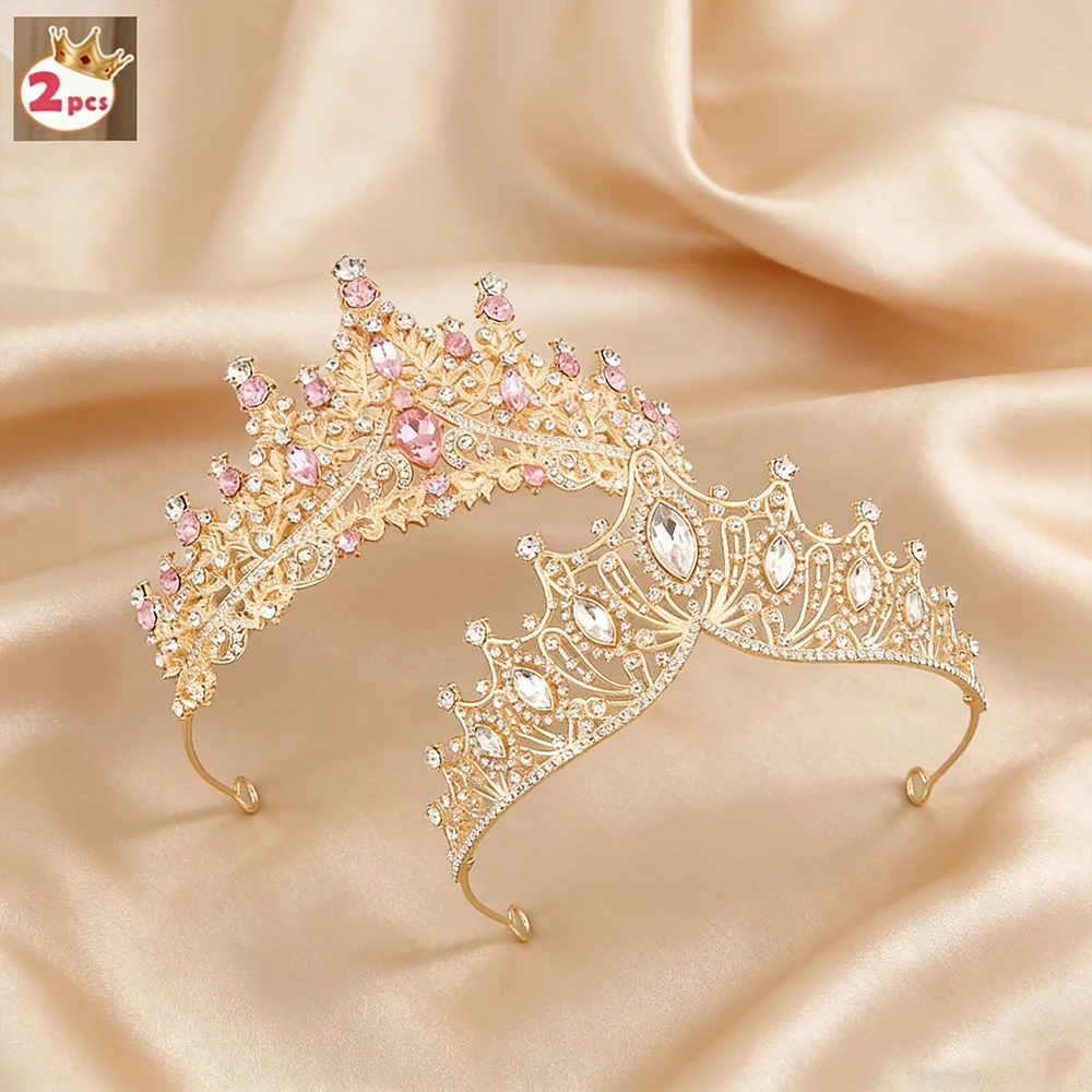 2Pcs Exquisite Vintage Baroque Gold Tiara Set Pink Clear Crystal Crowns Luxurious Bridal Headwear Weddings Proms Quinceañeras view 4