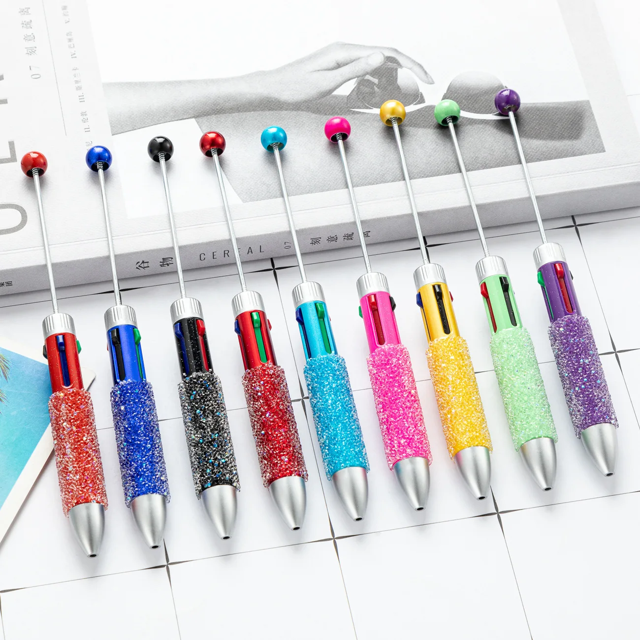 60Pcs DIY Diamond Beaded Pen Plastic Pens Bead Ballpoint Pen  for Gift Students Office School Supply DIY Wholesale