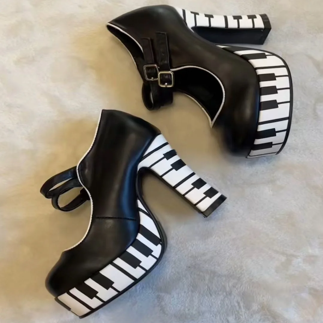 Mixed Colors Round Toe Piano Disk Platform Women Marry Jane Shoes Chunky High Heels Buckle Strap Design Large Size Pumps Shoes