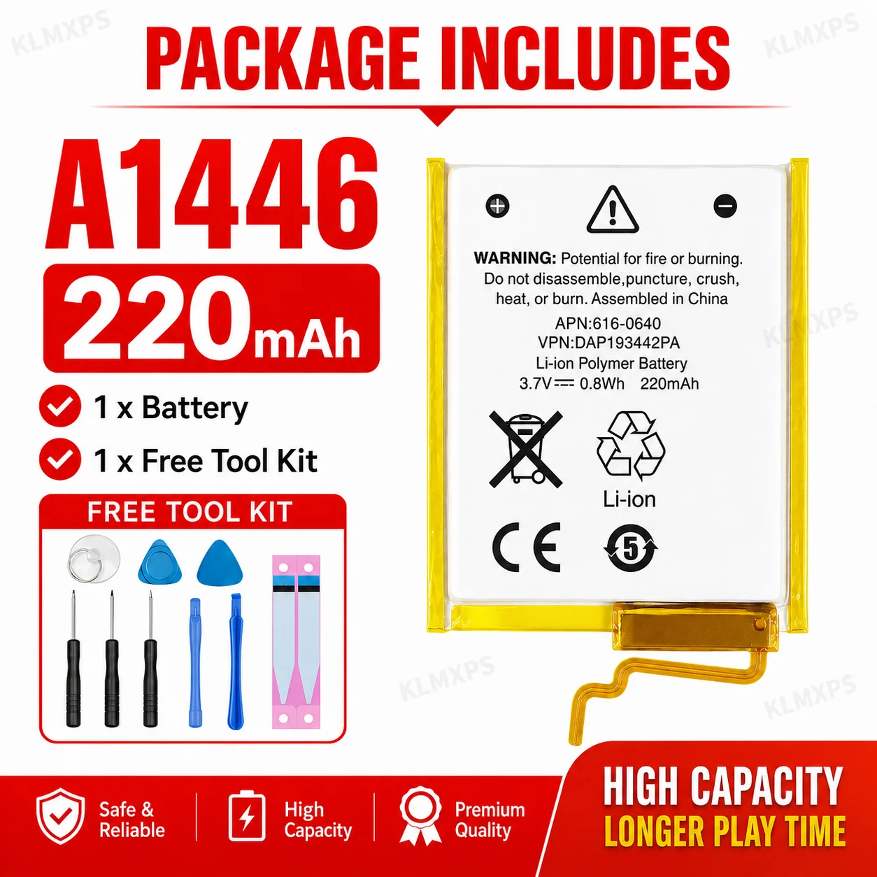 616-0640 Li-ion Battery for iPod Nano 7th Gen A1446 MP3 MP4 Player Rechargeable Cell Replacement with Repair Tools Kit Set