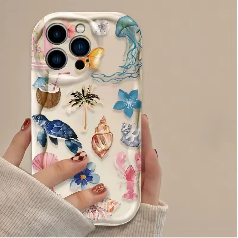Marine Organism Print Phone Case For iPhone 17 16 15 14 13 12 11 Pro Xs Max Mini 8 7 Plus XR Air X 17e 16e Curly Wavy Back Cover