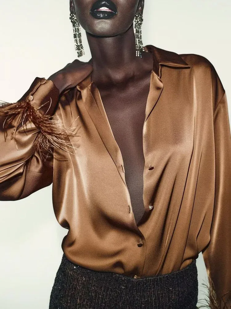 Ele Sweet Faionable Casual Feather Trim Silk Satin Feel irt Women's Winter New Arrival Multi-Purpose Sle 2025:Ele Sweet Faionable Casual Feather Trim Silk Satin Feel irt Women's Winter New Arrival Multi-Purpose Sle 2025