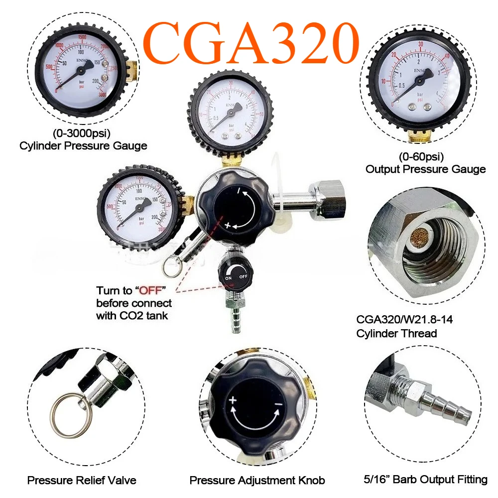 

‌Professional CO2 Pressure Reducer with CGA320 Fitting - Adjustable Relief Valve for Commercial Beer Dispensing & Brewery Use