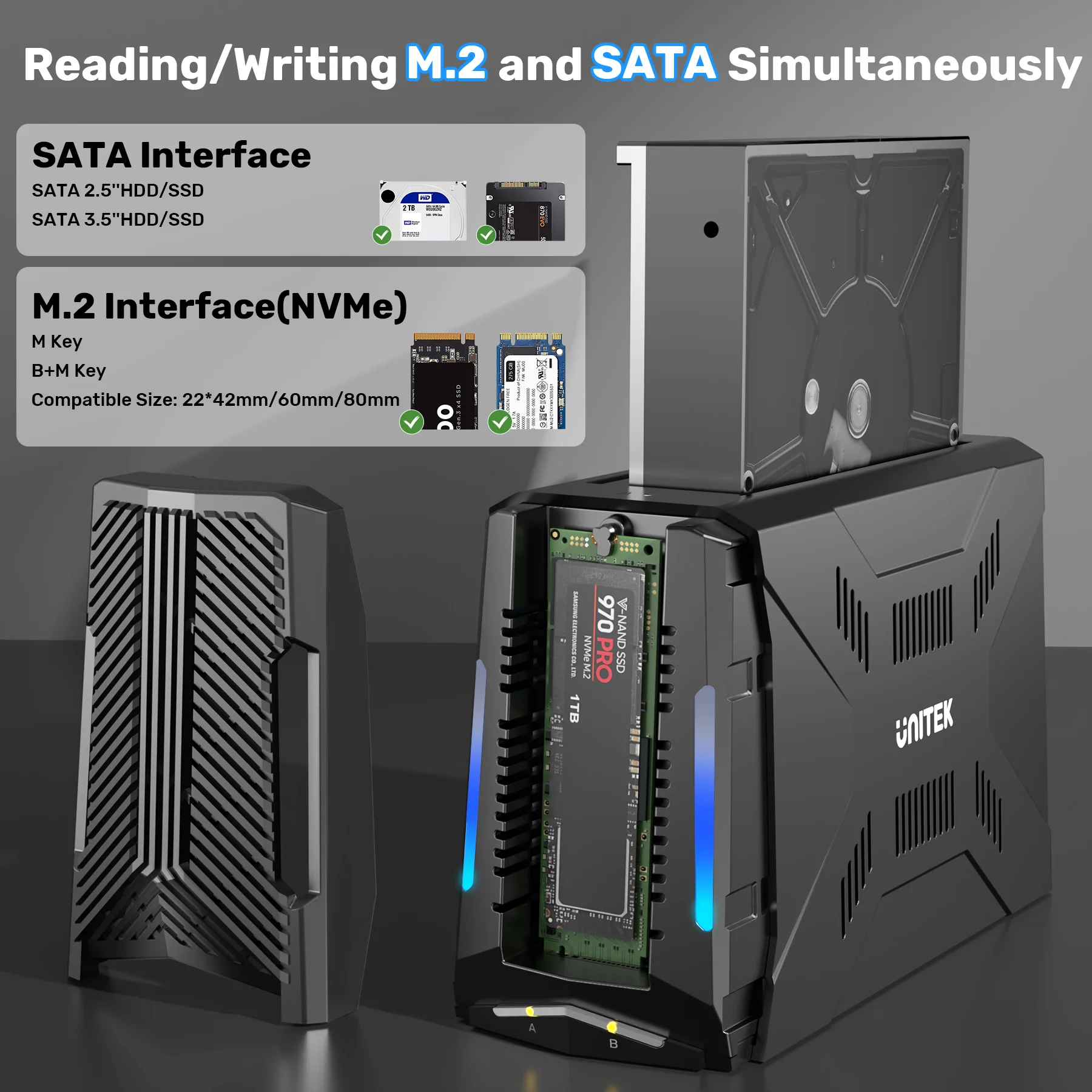 USB C 10Gbps M.2 NVMe SATA Docking Station with Smart Fan Cooling Tool-Free Compatible with 2.5/3.5